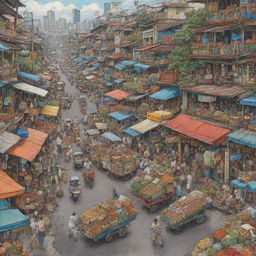 An intricately detailed illustration capturing the economic life in the Philippines, showcasing bustling marketplaces, lively street vendors, businesses, farmers at work, and urban cityscapes.