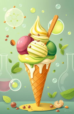 A unique and vibrant illustration representing an imaginative dessert inspired by Es Krim Nabati