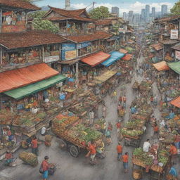 An intricately detailed illustration capturing the economic life in the Philippines, showcasing bustling marketplaces, lively street vendors, businesses, farmers at work, and urban cityscapes.