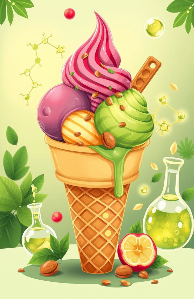 A unique and vibrant illustration representing an imaginative dessert inspired by Es Krim Nabati