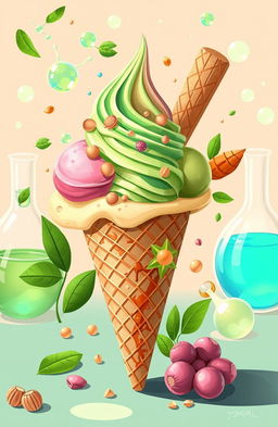 A unique and vibrant illustration representing an imaginative dessert inspired by Es Krim Nabati