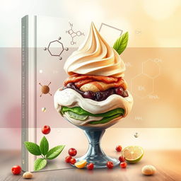 A captivating book cover illustration that visually represents the themes of Es Krim Nabati, Kacang Arab, and Sari Daun Kelor within the context of Physical Chemistry studies