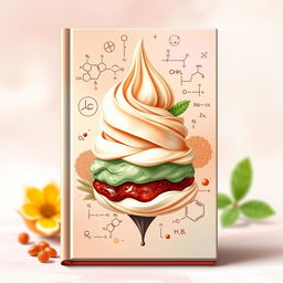 A captivating book cover illustration that visually represents the themes of Es Krim Nabati, Kacang Arab, and Sari Daun Kelor within the context of Physical Chemistry studies