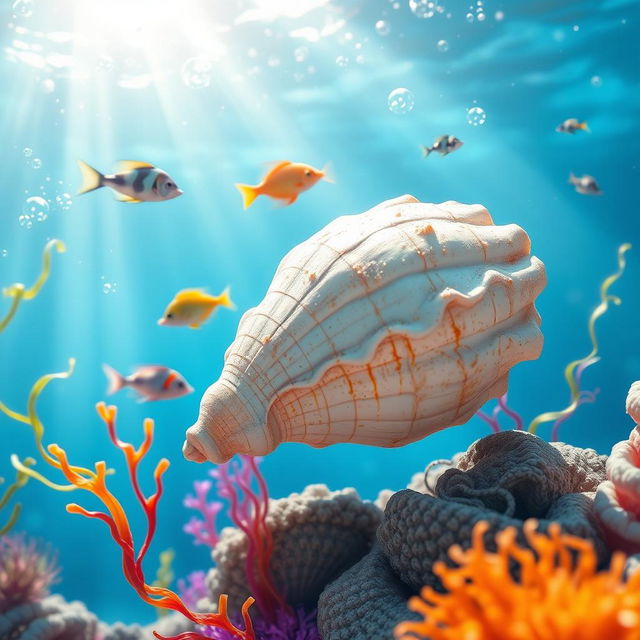 A stunning underwater scene featuring a beautifully detailed seashell