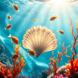 A stunning underwater scene featuring a beautifully detailed seashell