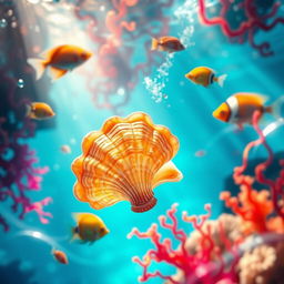 A stunning underwater scene featuring a beautifully detailed seashell