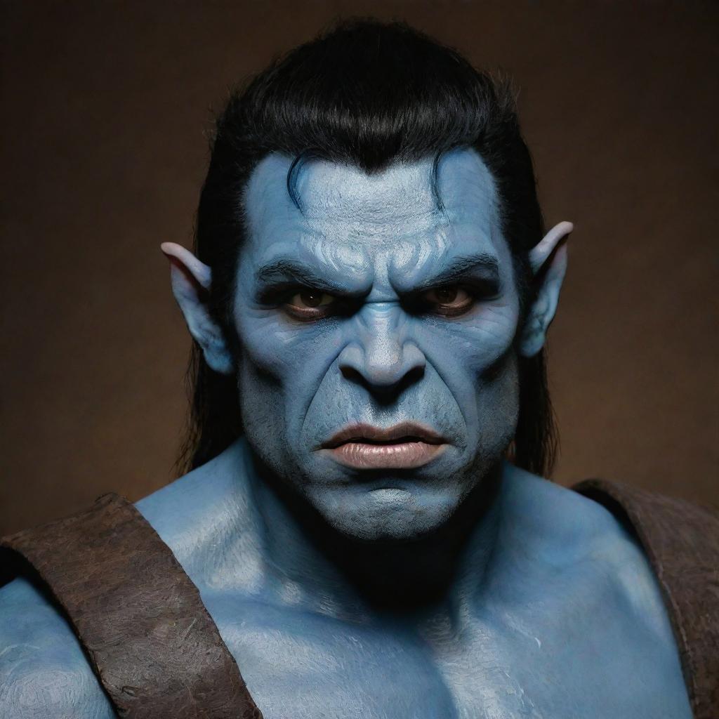 Generate an image of a half-orc with blue skin, black hair and brown eyes. The half-orc is a cleric and the expression on his face should suggest depression.