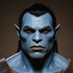 Generate an image of a half-orc with blue skin, black hair and brown eyes. The half-orc is a cleric and the expression on his face should suggest depression.