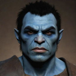 Generate an image of a half-orc with blue skin, black hair and brown eyes. The half-orc is a cleric and the expression on his face should suggest depression.