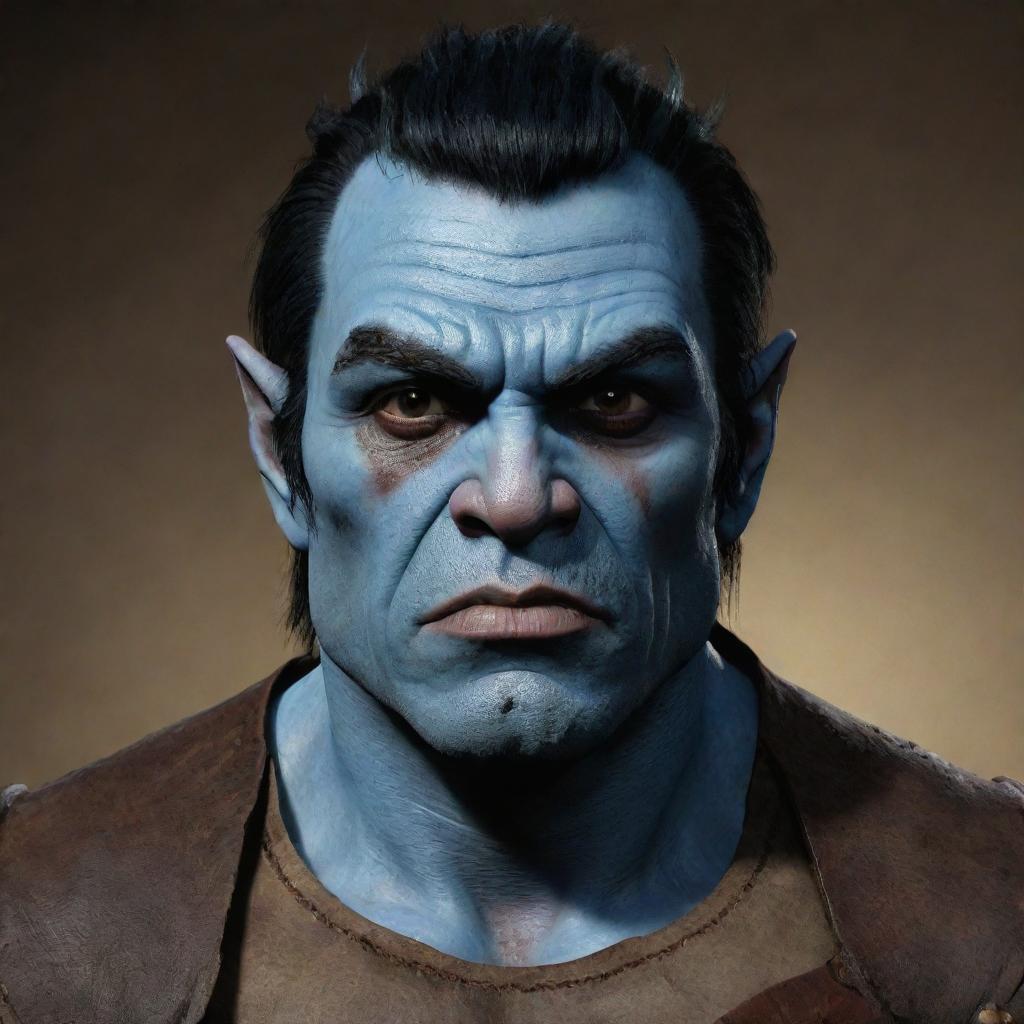 Generate an image of a half-orc with blue skin, black hair and brown eyes. The half-orc is a cleric and the expression on his face should suggest depression.