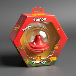 A creative hexagonal packaging design for a toy called 'trompo', inspired by the shape of a volcano