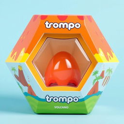 A creative hexagonal packaging design for a toy called 'trompo', inspired by the shape of a volcano