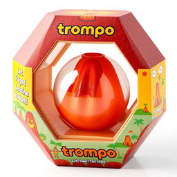 A creative hexagonal packaging design for a toy called 'trompo', inspired by the shape of a volcano