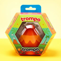 A creative hexagonal packaging design for a toy called 'trompo', inspired by the shape of a volcano