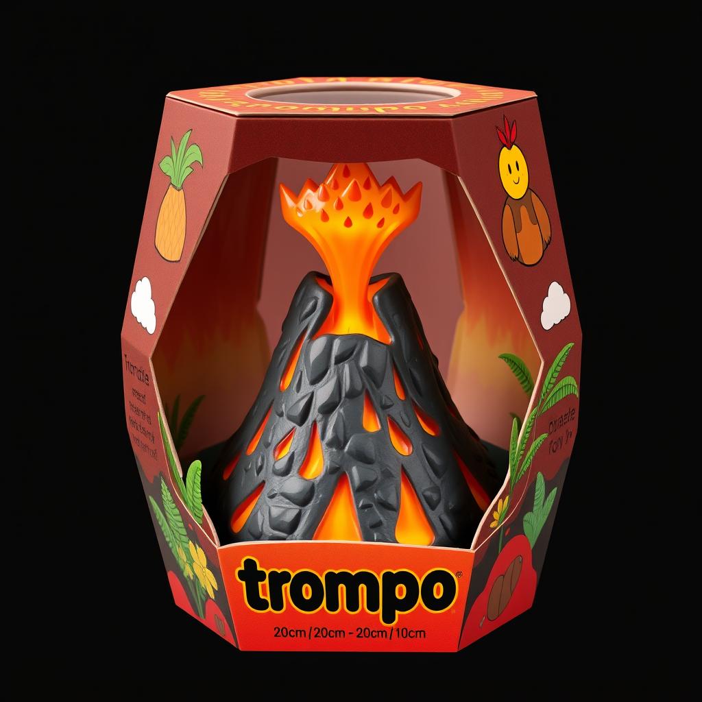 A detailed hexagonal packaging design for a toy called 'trompo', shaped like a volcano with a base measuring 20 cm in length and a top that narrows to 10 cm