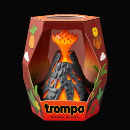 A detailed hexagonal packaging design for a toy called 'trompo', shaped like a volcano with a base measuring 20 cm in length and a top that narrows to 10 cm