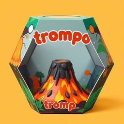 A detailed hexagonal packaging design for a toy called 'trompo', shaped like a volcano with a base measuring 20 cm in length and a top that narrows to 10 cm