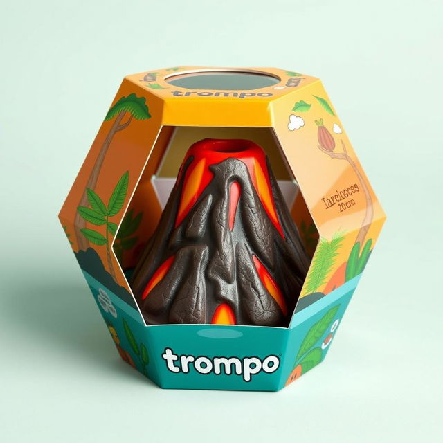 A detailed hexagonal packaging design for a toy called 'trompo', shaped like a volcano with a base measuring 20 cm in length and a top that narrows to 10 cm