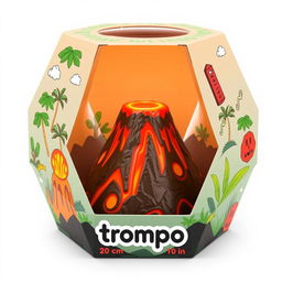 A detailed hexagonal packaging design for a toy called 'trompo', shaped like a volcano with a base measuring 20 cm in length and a top that narrows to 10 cm