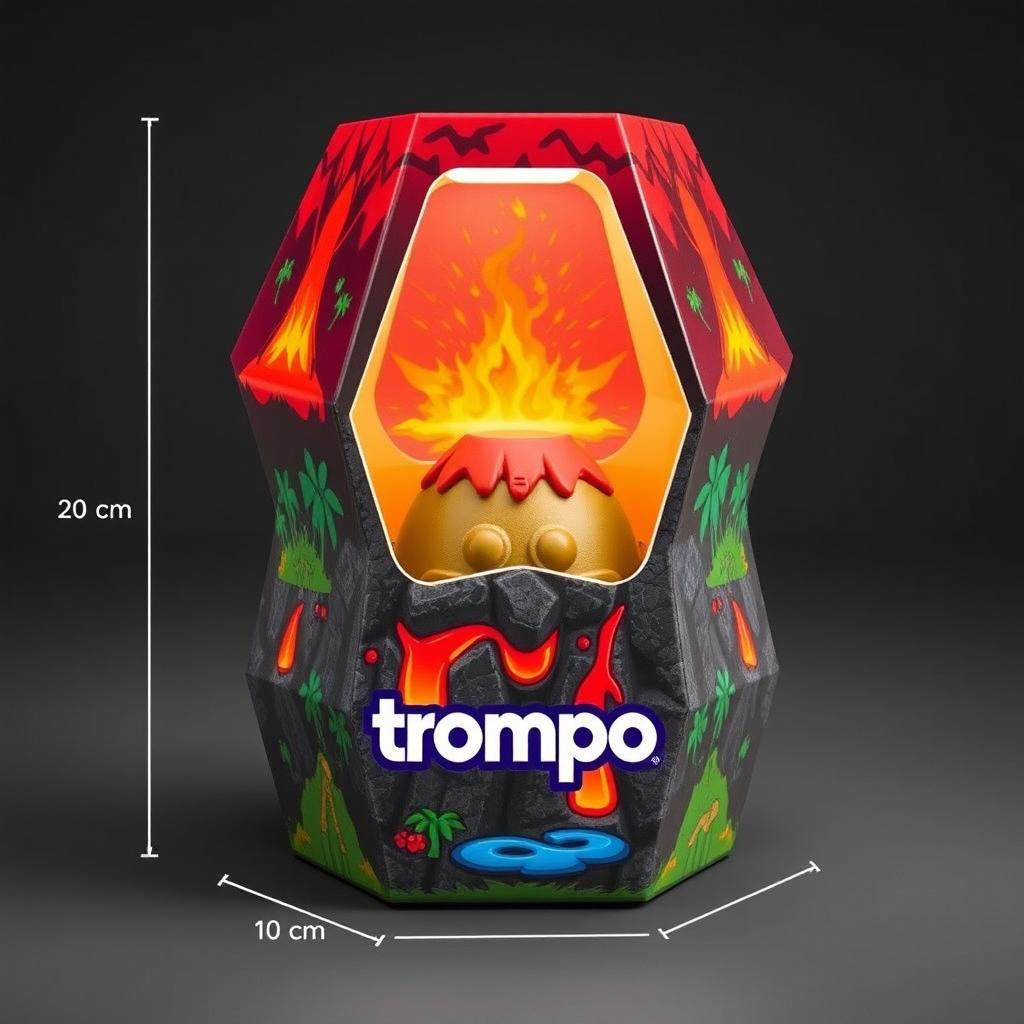 An imaginative hexagonal packaging design for a toy called 'trompo', shaped like a volcano with a conical structure