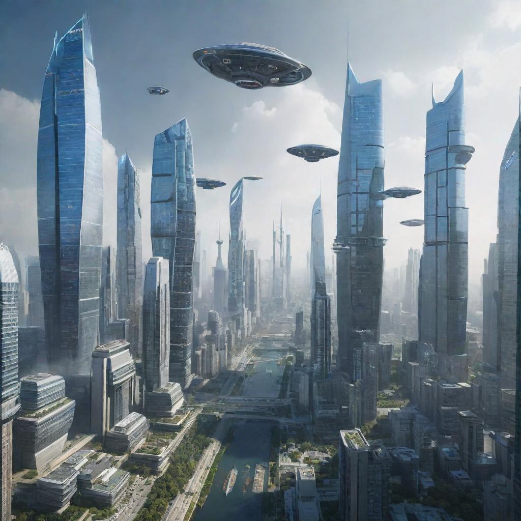 A futuristic cityscape representing the year 2025, with advanced technology, skyscrapers, and flying vehicles