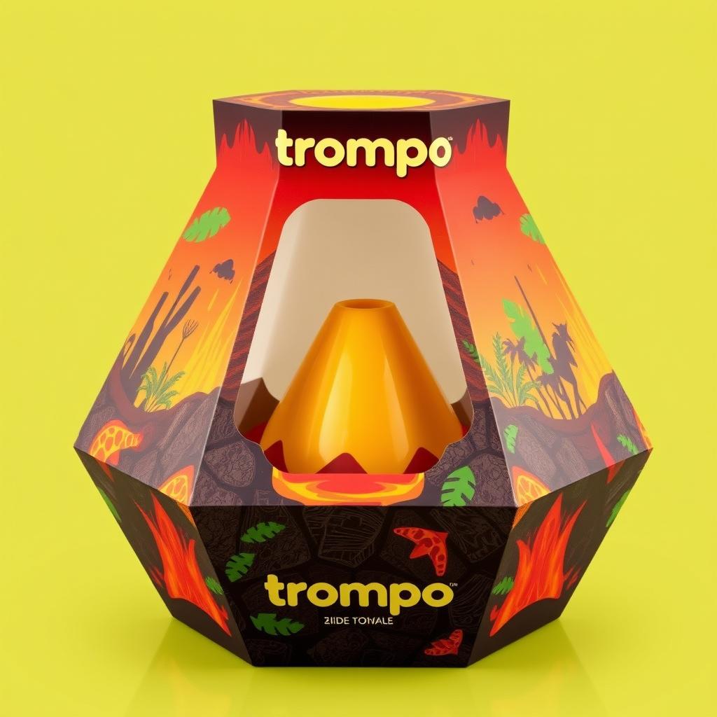 An imaginative hexagonal packaging design for a toy called 'trompo', shaped like a volcano with a conical structure