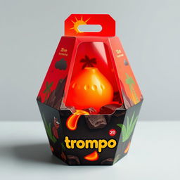 An imaginative hexagonal packaging design for a toy called 'trompo', shaped like a volcano with a conical structure