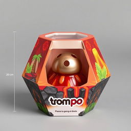 An imaginative hexagonal packaging design for a toy called 'trompo', shaped like a volcano with a conical structure