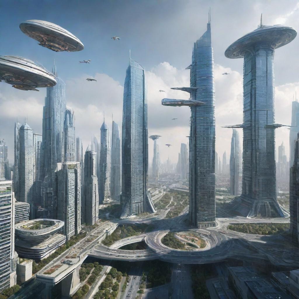 A futuristic cityscape representing the year 2025, with advanced technology, skyscrapers, and flying vehicles