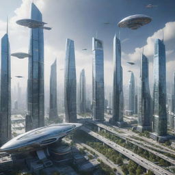 A futuristic cityscape representing the year 2025, with advanced technology, skyscrapers, and flying vehicles