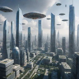 A futuristic cityscape representing the year 2025, with advanced technology, skyscrapers, and flying vehicles