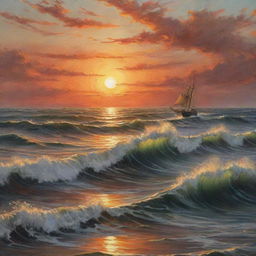 An artistic rendering of a seascape at sunset, with a small ship navigating through the towering waves. Use a painting style that highlights the warm hues of the setting sun reflecting on the restless water surface.