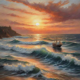 An artistic rendering of a seascape at sunset, with a small ship navigating through the towering waves. Use a painting style that highlights the warm hues of the setting sun reflecting on the restless water surface.