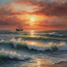 An artistic rendering of a seascape at sunset, with a small ship navigating through the towering waves. Use a painting style that highlights the warm hues of the setting sun reflecting on the restless water surface.