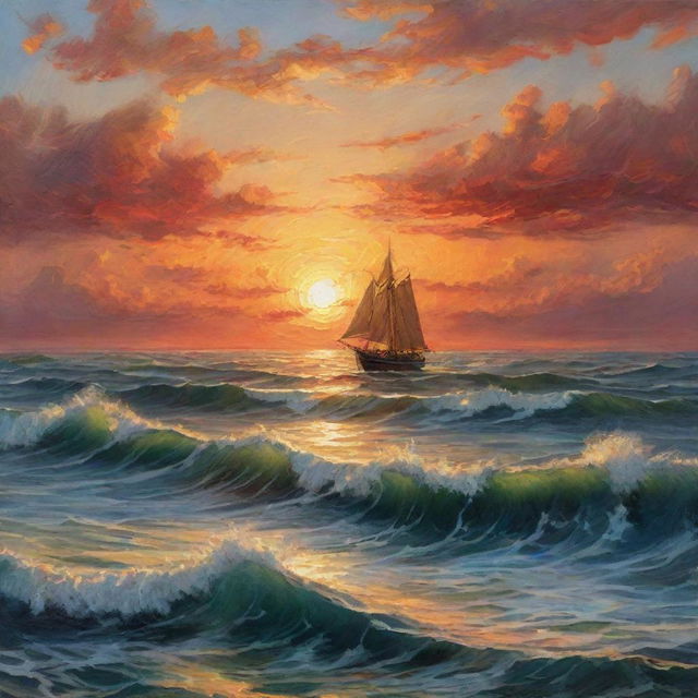 An artistic rendering of a seascape at sunset, with a small ship navigating through the towering waves. Use a painting style that highlights the warm hues of the setting sun reflecting on the restless water surface.