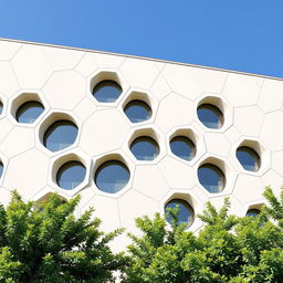 A modern architectural facade featuring hexagonal shapes with semi-circular windows integrated into the design