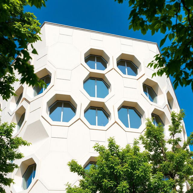 A modern architectural facade featuring hexagonal shapes with semi-circular windows integrated into the design