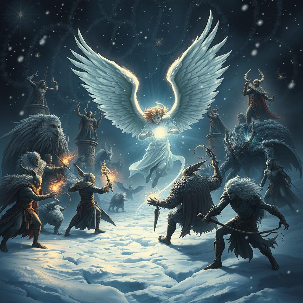 A dramatic and mystical scene depicting a cold night with a celestial theme