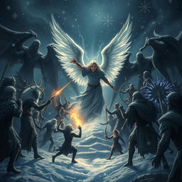 A dramatic and mystical scene depicting a cold night with a celestial theme