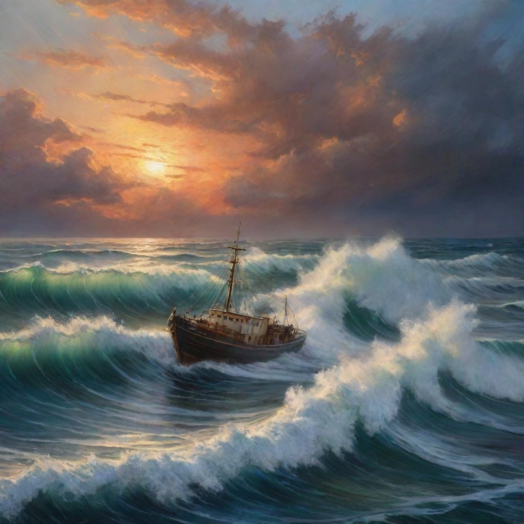 A painting-like depiction of a small ship caught in a sea storm at sunset. Strong waves and wild sea foam contrast with dramatic sunset hues, creating an intense juxtaposition of turmoil and tranquillity.