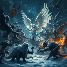 A dramatic and mystical scene depicting a cold night with a celestial theme