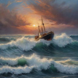 A painting-like depiction of a small ship caught in a sea storm at sunset. Strong waves and wild sea foam contrast with dramatic sunset hues, creating an intense juxtaposition of turmoil and tranquillity.