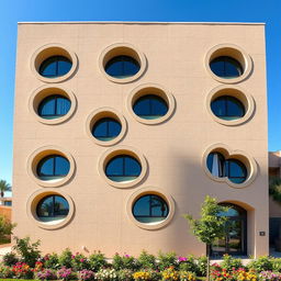 An external building facade showcasing a striking design featuring hexagonal shapes that form the walls, incorporating semi-circular windows throughout