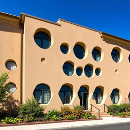 An external building facade showcasing a striking design featuring hexagonal shapes that form the walls, incorporating semi-circular windows throughout