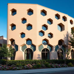 An external building facade showcasing a striking design featuring hexagonal shapes that form the walls, incorporating semi-circular windows throughout