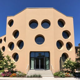 An external building facade showcasing a striking design featuring hexagonal shapes that form the walls, incorporating semi-circular windows throughout