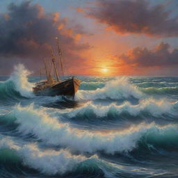 A painting-like depiction of a small ship caught in a sea storm at sunset. Strong waves and wild sea foam contrast with dramatic sunset hues, creating an intense juxtaposition of turmoil and tranquillity.