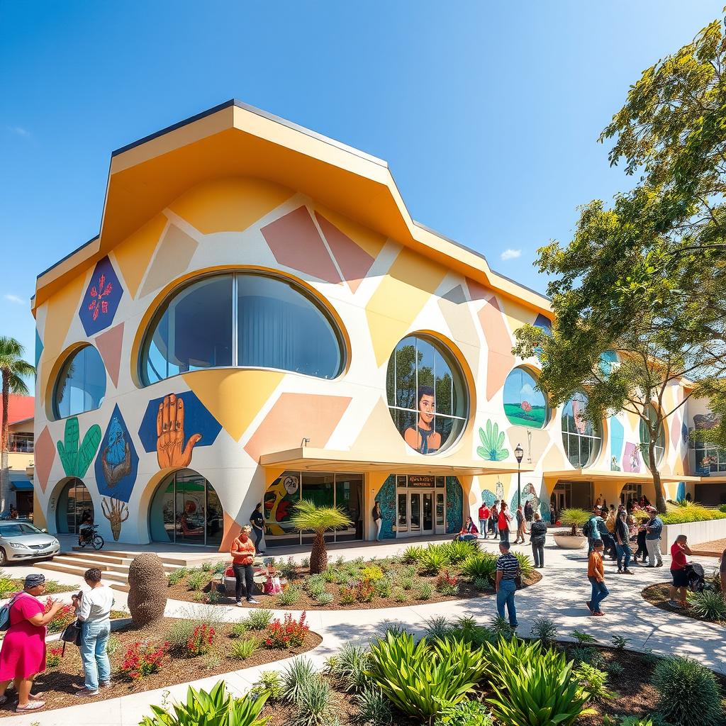 A vibrant cultural center designed with modern architectural elements, featuring a combination of hexagonal and semi-circular shapes throughout its facade