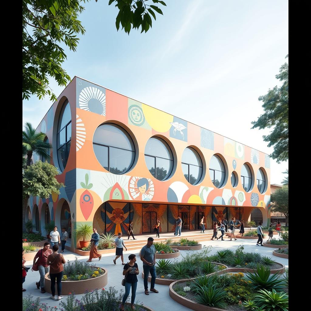 A vibrant cultural center designed with modern architectural elements, featuring a combination of hexagonal and semi-circular shapes throughout its facade