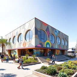 A vibrant cultural center designed with modern architectural elements, featuring a combination of hexagonal and semi-circular shapes throughout its facade